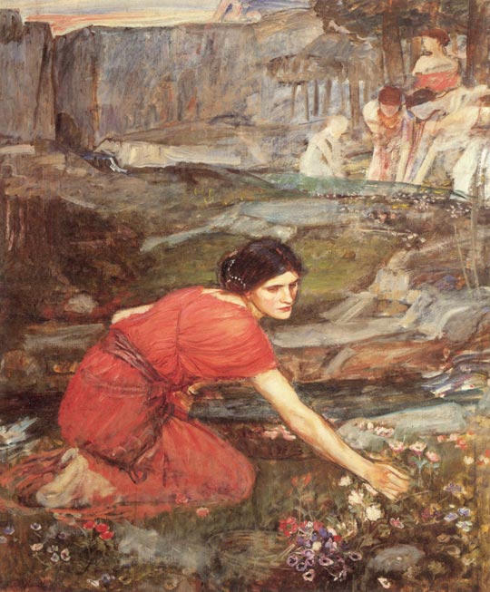 John William Waterhouse: Maidens Picking Flowers by a Stream (study) - 1911